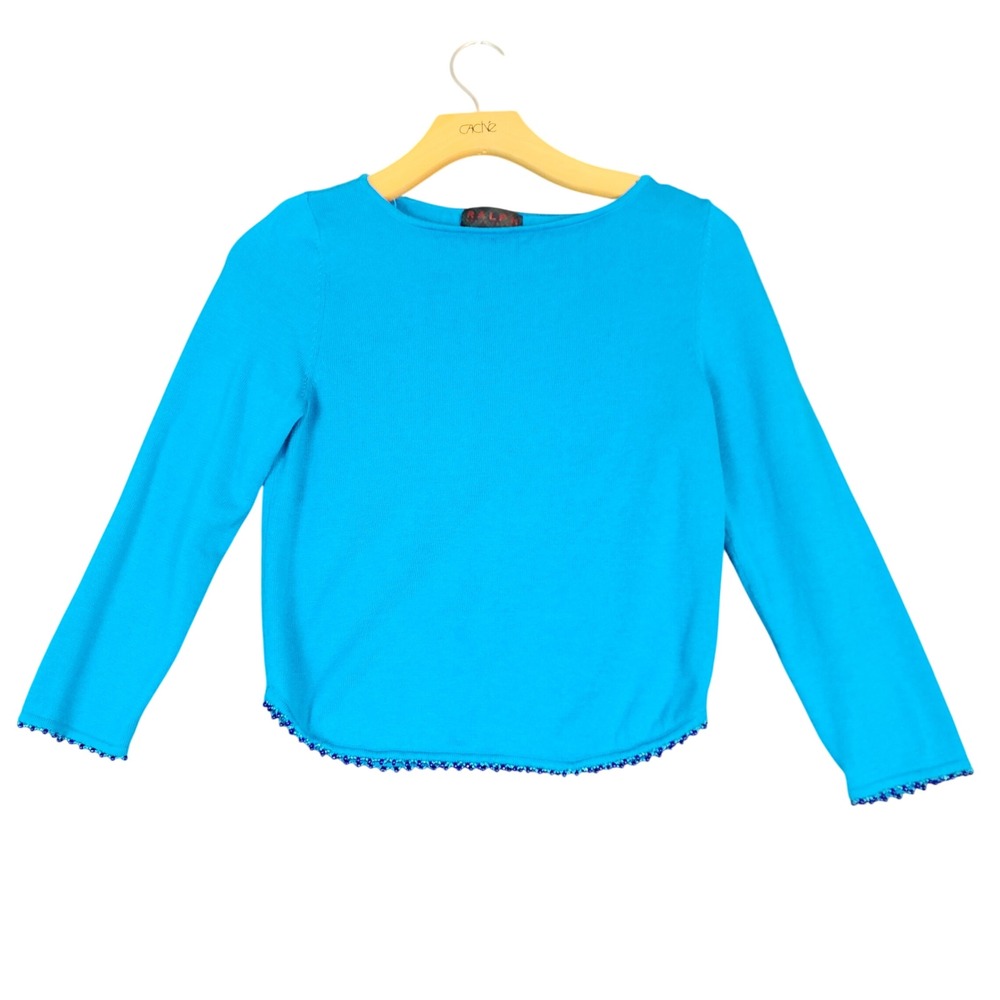 Ralph Ralph Lauren Womens Blue Beaded‎ Hem Cotton Knit Sweater Size M Boat Neck